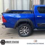 Overland Extreme matte black wide wheel arches for Toyota Hilux 2015–2020 double cab, made from premium ABS plastic with rubber seal interface, precision CAD designed for perfect fitment and UV-protected for long-lasting finish.