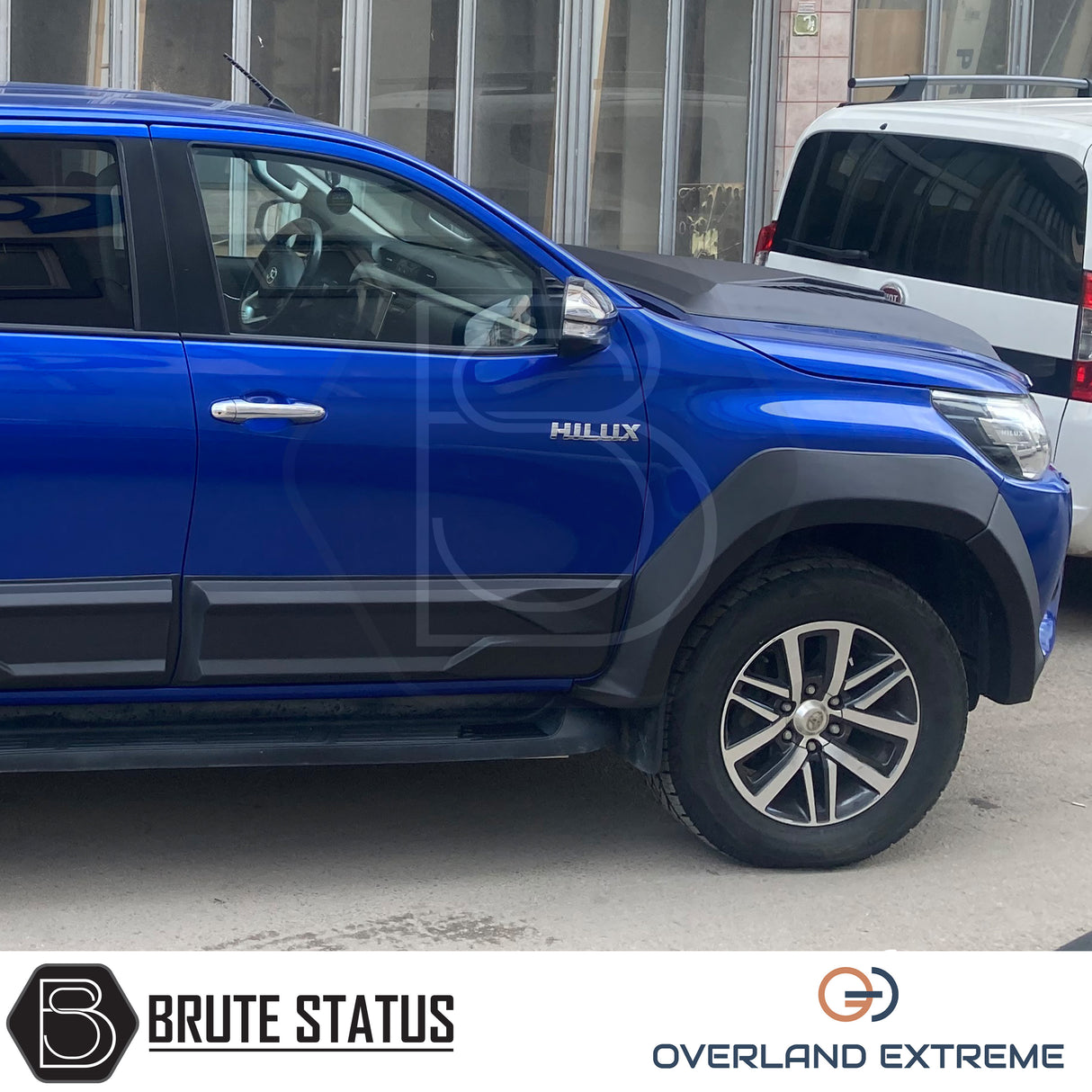 Overland Extreme matte black wide wheel arches for Toyota Hilux 2015–2020 double cab, made from premium ABS plastic with rubber seal interface, precision CAD designed for perfect fitment and UV-protected for long-lasting finish.