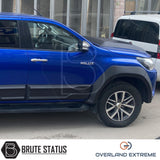 Overland Extreme matte black wide wheel arches for Toyota Hilux 2015–2020 double cab, made from premium ABS plastic with rubber seal interface, precision CAD designed for perfect fitment and UV-protected for long-lasting finish.