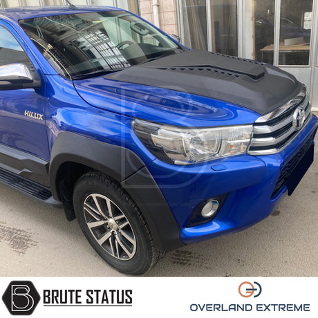 Overland Extreme matte black wide wheel arches for Toyota Hilux 2015–2020 double cab, made from premium ABS plastic with rubber seal interface, precision CAD designed for perfect fitment and UV-protected for long-lasting finish.