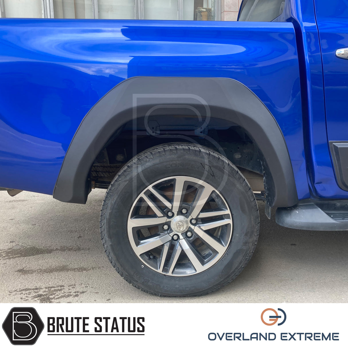 Overland Extreme matte black wide wheel arches for Toyota Hilux 2015–2020 double cab, made from premium ABS plastic with rubber seal interface, precision CAD designed for perfect fitment and UV-protected for long-lasting finish.