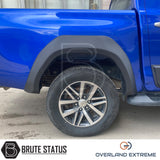 Overland Extreme matte black wide wheel arches for Toyota Hilux 2015–2020 double cab, made from premium ABS plastic with rubber seal interface, precision CAD designed for perfect fitment and UV-protected for long-lasting finish.