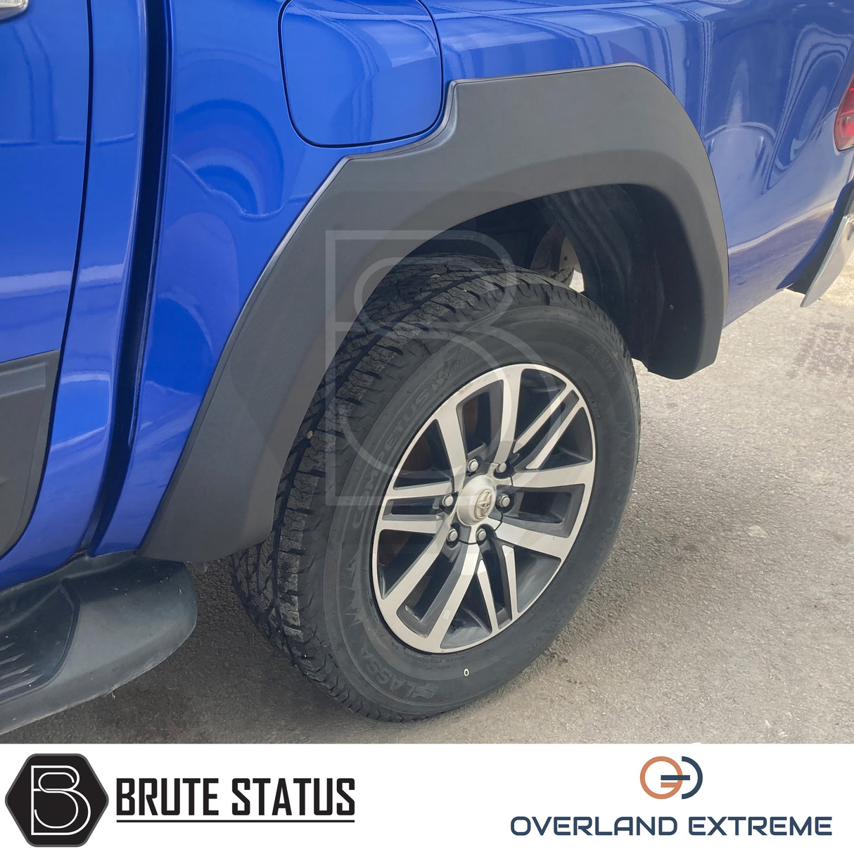 Overland Extreme matte black wide wheel arches for Toyota Hilux 2015–2020 double cab, made from premium ABS plastic with rubber seal interface, precision CAD designed for perfect fitment and UV-protected for long-lasting finish.