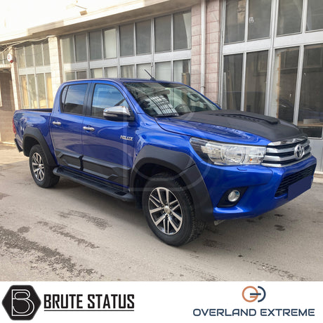 Overland Extreme matte black wide wheel arches for Toyota Hilux 2015–2020 double cab, made from premium ABS plastic with rubber seal interface, precision CAD designed for perfect fitment and UV-protected for long-lasting finish.