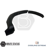 Overland Extreme matte black wide wheel arches for Toyota Hilux 2015–2020 double cab, made from premium ABS plastic with rubber seal interface, precision CAD designed for perfect fitment and UV-protected for long-lasting finish.