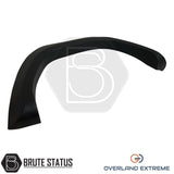 Overland Extreme matte black wide wheel arches for Toyota Hilux 2015–2020 double cab, made from premium ABS plastic with rubber seal interface, precision CAD designed for perfect fitment and UV-protected for long-lasting finish.