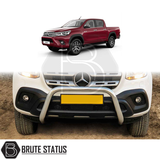 chrome bull/nudge bar for the TOYOTA HILUX 2016-2020 pickup truck, showcasing its rugged design and protective build