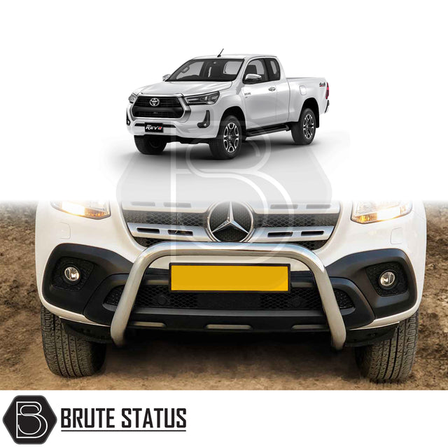 chrome bull/nudge bar for the toyota hilux 2021 onwards pickup truck, showcasing its rugged design and protective build