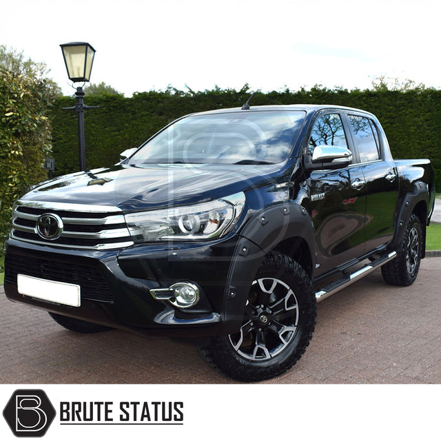 Toyota Hilux 2018-2020 Double Cab wide wheel arch kit with textured black ABS riveted style fender flares adding approximately 65-70mm per side