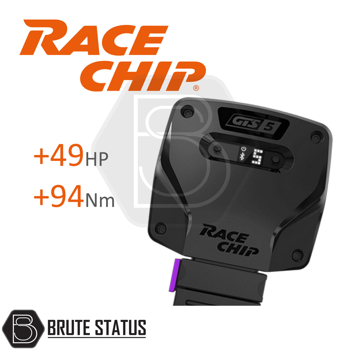 Toyota Hilux 2005-2015 RaceChip GTS 5 Tuning Box, close-up of device and logo, enhances power and torque with Bluetooth control and app features.