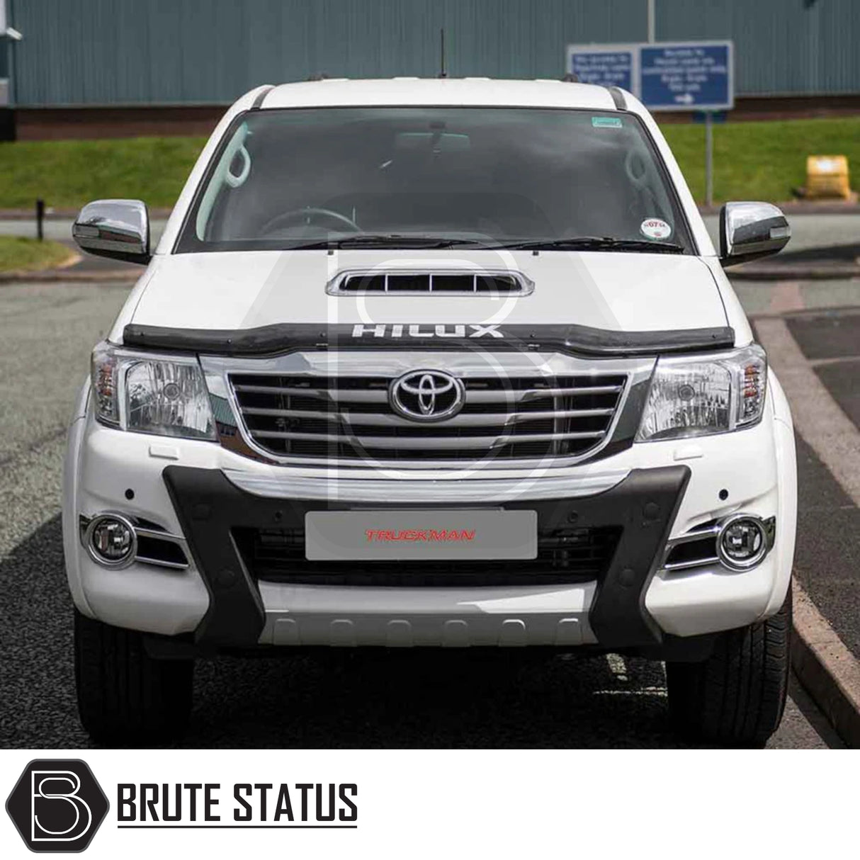 Toyota Hilux 2005-2016 Truckman Grand Hardtop Canopy shown with aftermarket bumper guard and branded bonnet protector, enhancing pick-up's style and functionality.