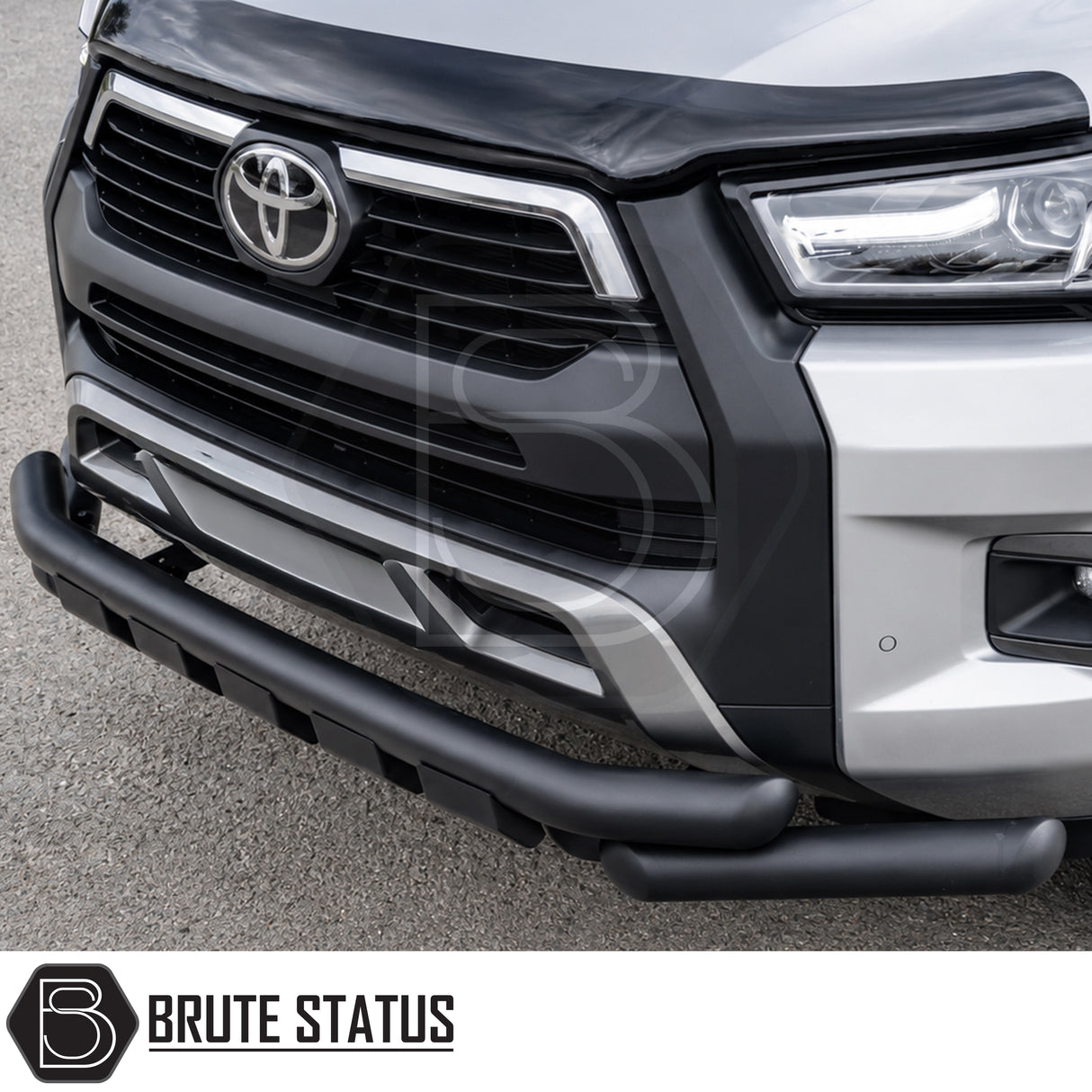 Heavy duty matte black powder coated nudge bar with all fittings included fitted to 2020+ Toyota Hilux pickup truck offroad 4x4 vehicle. Suitable for overlanding set ups, easy and straightforward installation. 