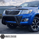 Black powder-coated bull bar for Toyota Hilux 2016–2020 – heavy-duty carbon steel bumper protection with chassis mount brackets and parking sensor compatibility