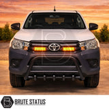 Matte black carbon steel city bar for Toyota Hilux 2015–2020, front bumper protection bar with U-bracket chassis mount, TÜV certified, no-drill installation.