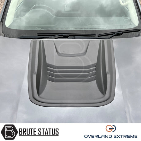 Universal Overland Extreme bonnet scoop in matte black, premium ABS hood scoop styling accessory for pickup trucks and 4x4 vehicles.
