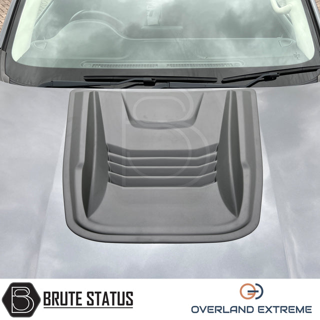 Universal Overland Extreme bonnet scoop in matte black, premium ABS hood scoop styling accessory for pickup trucks and 4x4 vehicles.