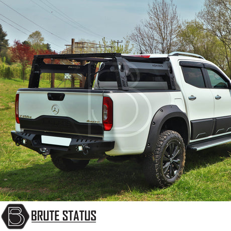 Universal S75 tent roll bar for pickup trucks with matte black powder coated carbon steel construction and 4 integrated square LED lights