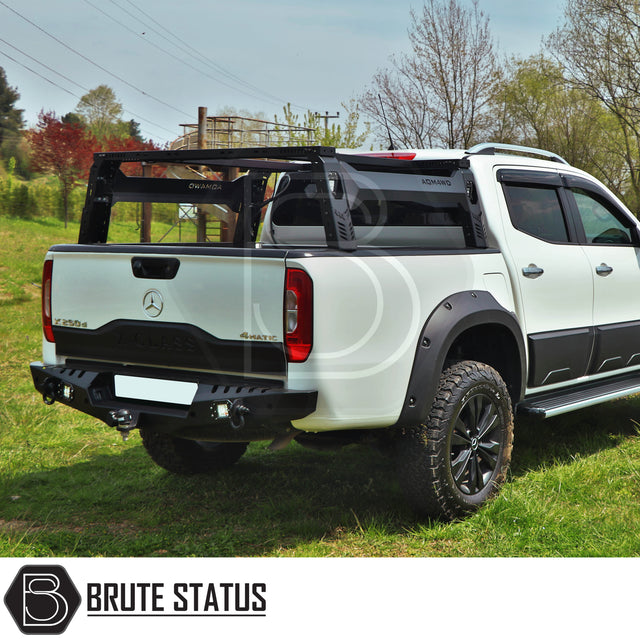 Universal S75 tent roll bar for pickup trucks with matte black powder coated carbon steel construction and 4 integrated square LED lights