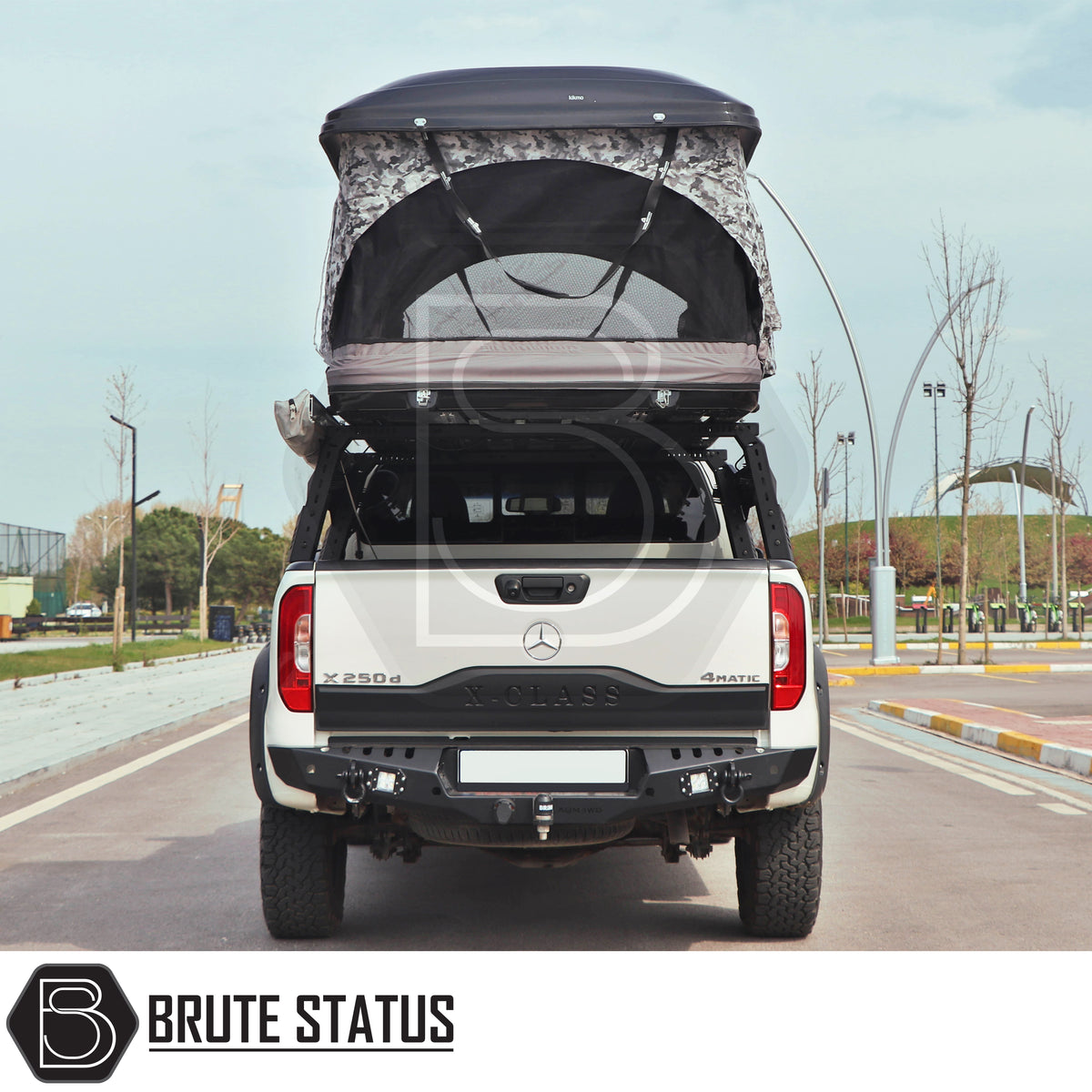 Matte black S75 universal pickup truck roll bar with 4 integrated square LED work lights for camping roof tent setups and off road use