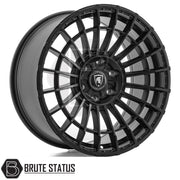 Matte-black Spartan SW5 wheel with dense mesh design, Spartan helmet logo, branded Brute Status, ideal for enhancing pick-up truck individuality.