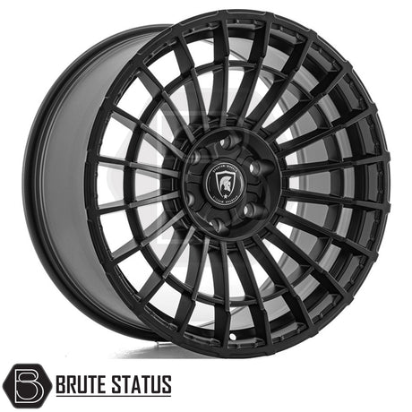 Matte-black Spartan SW5 wheel with dense mesh design, Spartan helmet logo, branded Brute Status, ideal for enhancing pick-up truck individuality.