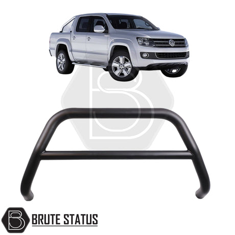 Matte black city bar fitted to a 2010-2017 Volkswagen Amarok, made from durable carbon steel to enhance styling and provide bumper protection, featuring a TÜV-certified, no-drill, DIY installation using chassis-mounted U-brackets.