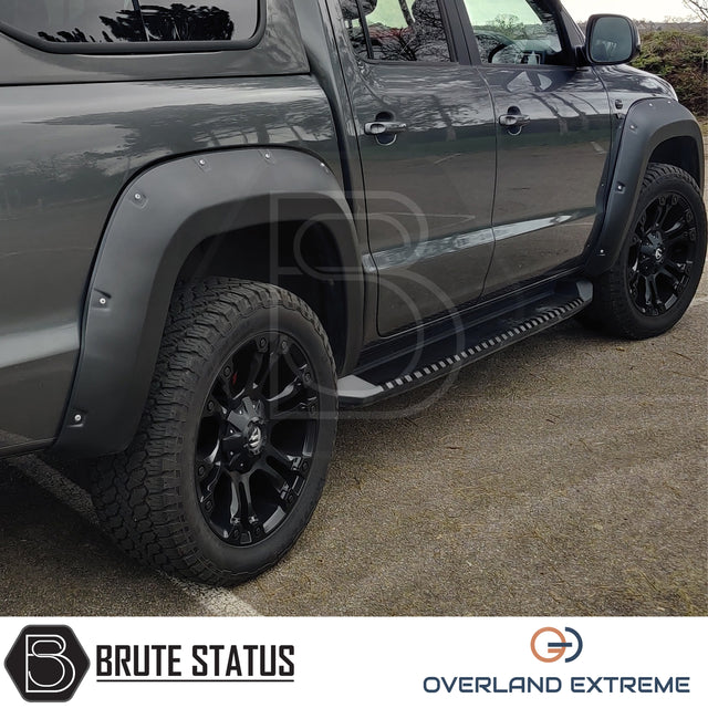 VW Amarok 2010-2017 Wide Arch Kit Overland Extreme in matte black, premium wheel arch extensions for Double Cab pickup trucks.