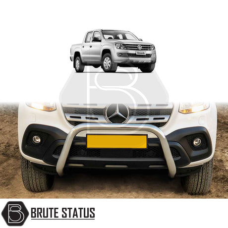 chrome bull/nudge bar for the volkswagen amarok 2010-2017 pickup truck, showcasing its rugged design and protective build