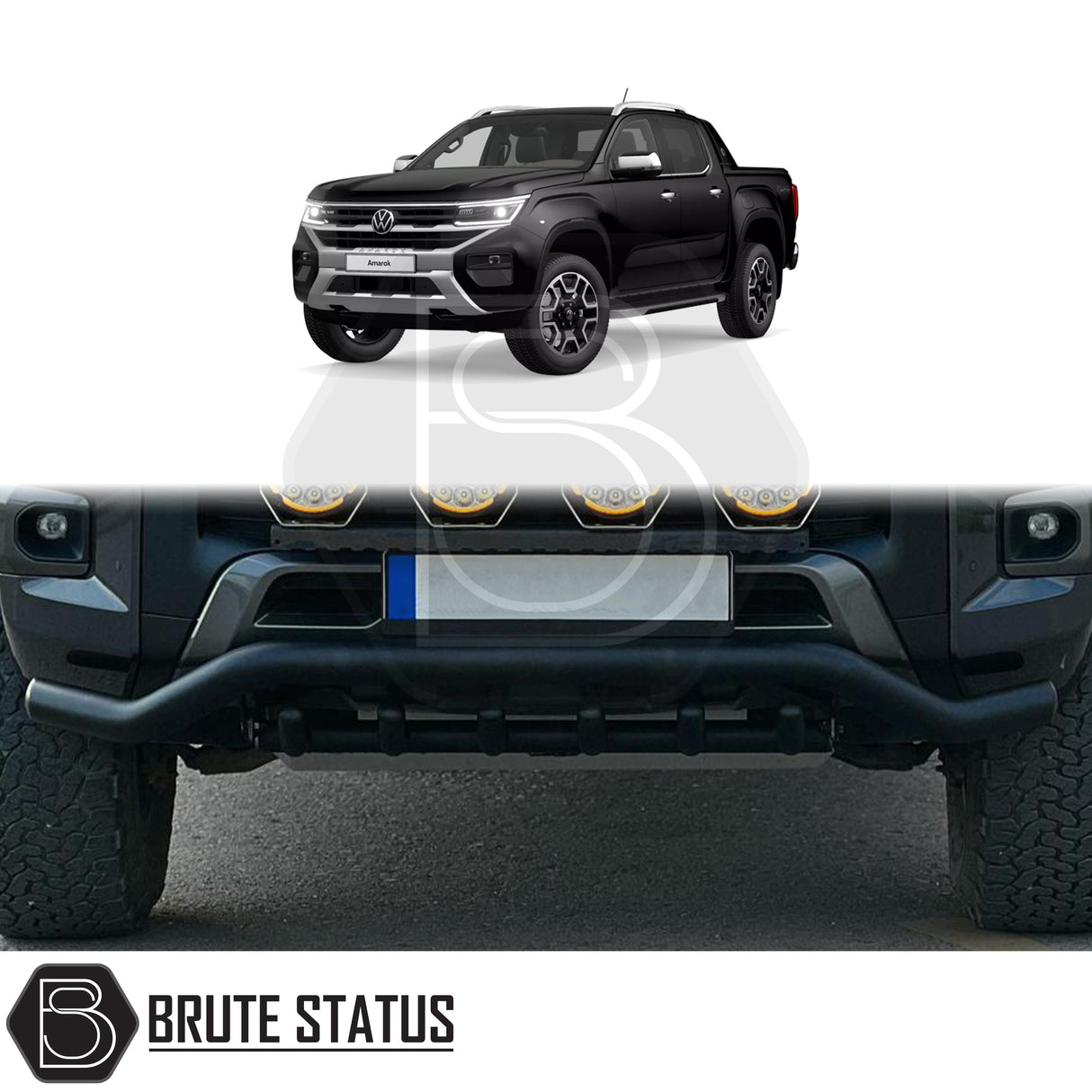 Matte black stainless steel city bar fitted to a Volkswagen Amarok (2023+), enhancing the vehicle's front-end look while providing bumper protection. Made from T304 stainless steel with easy, no-drill DIY installation, included fixings, and TÜV certification