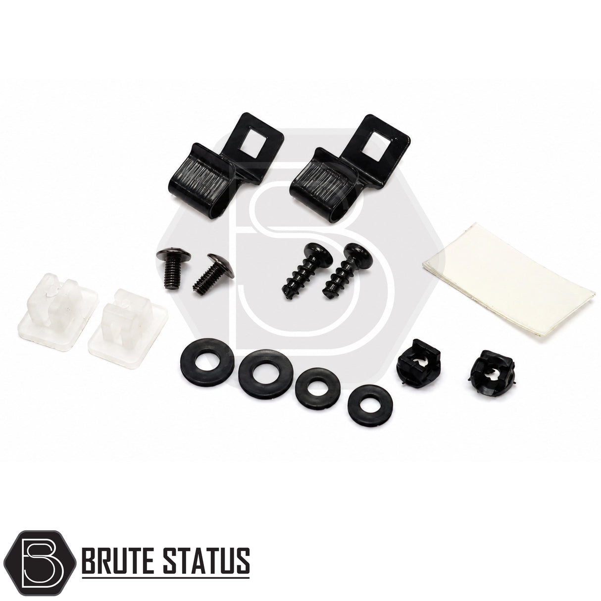 Fittings including screws, protectors, grommets, brackets for smooth gloss black bonnet guard for Volkswagen Amarok pickup truck offroad 4x4 vehicle.