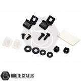 Fittings including screws, protectors, grommets, brackets for smooth gloss black bonnet guard for Volkswagen Amarok pickup truck offroad 4x4 vehicle.