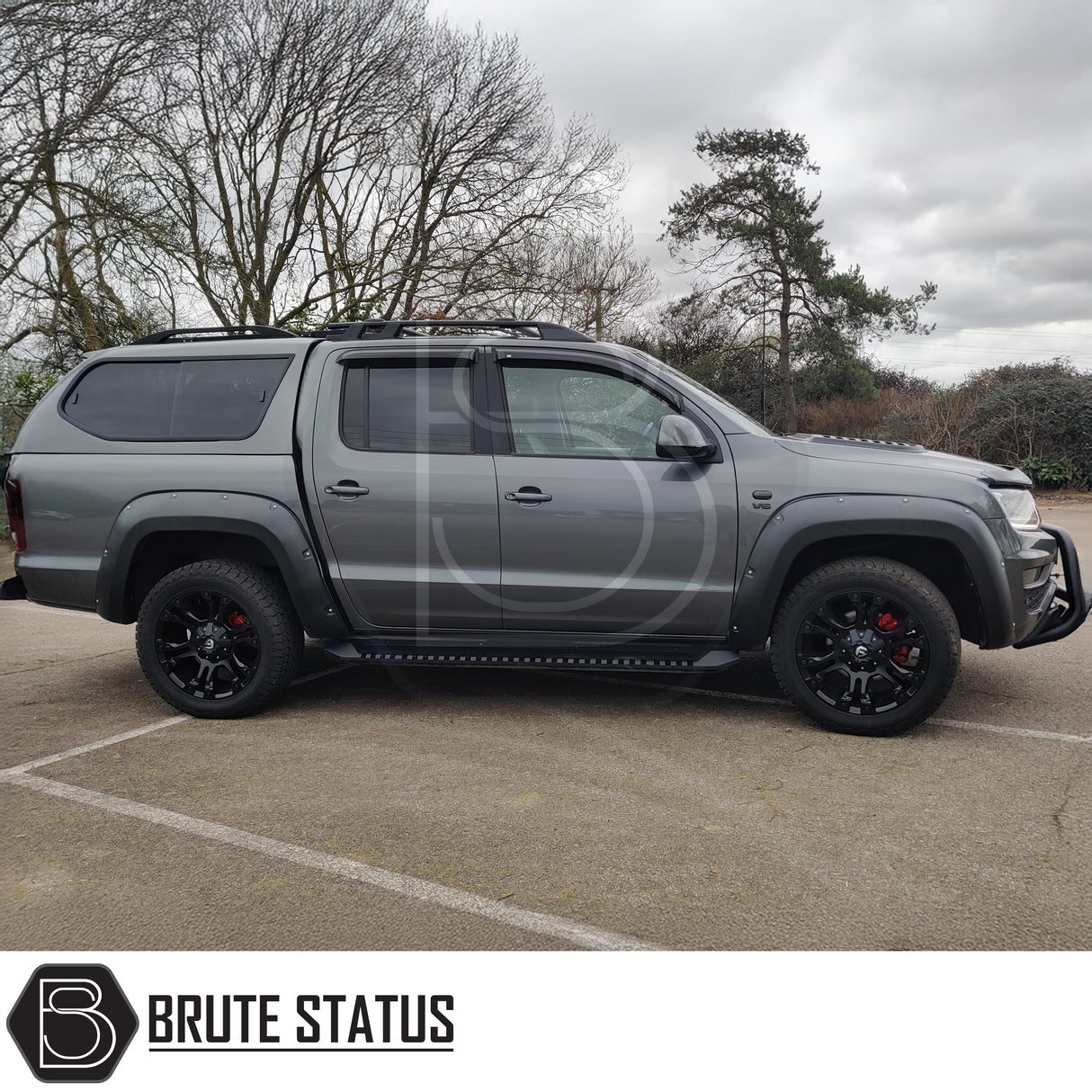 Overland Extreme wide wheel arch kit fitted to VW Amarok 2017+ V6 double cab pickup in textured matte black ABS plastic