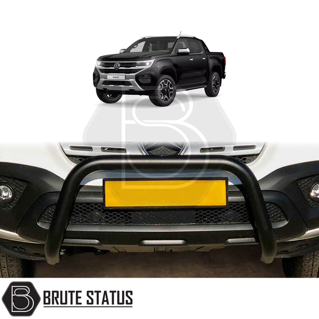 Volkswagen Amarok 2023+ Bull Bar (Nudge Bar) Matt Black installed on truck, showcasing its sleek design and protective function, ideal for enhancing your vehicle's look.
