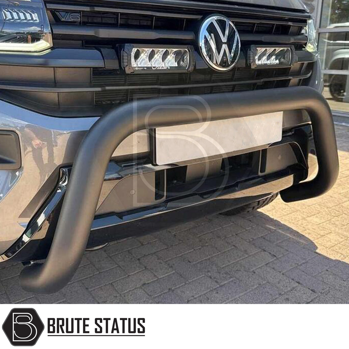 Volkswagen Amarok 2023+ Bull Bar (Nudge Bar) Matt Black installed on truck, showcasing its sleek design and protective function, ideal for enhancing your vehicle's look.