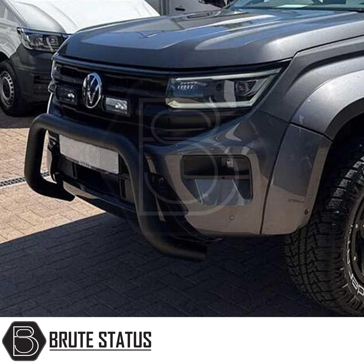Volkswagen Amarok 2023+ Bull Bar (Nudge Bar) Matt Black installed on truck, showcasing its sleek design and protective function, ideal for enhancing your vehicle's look.