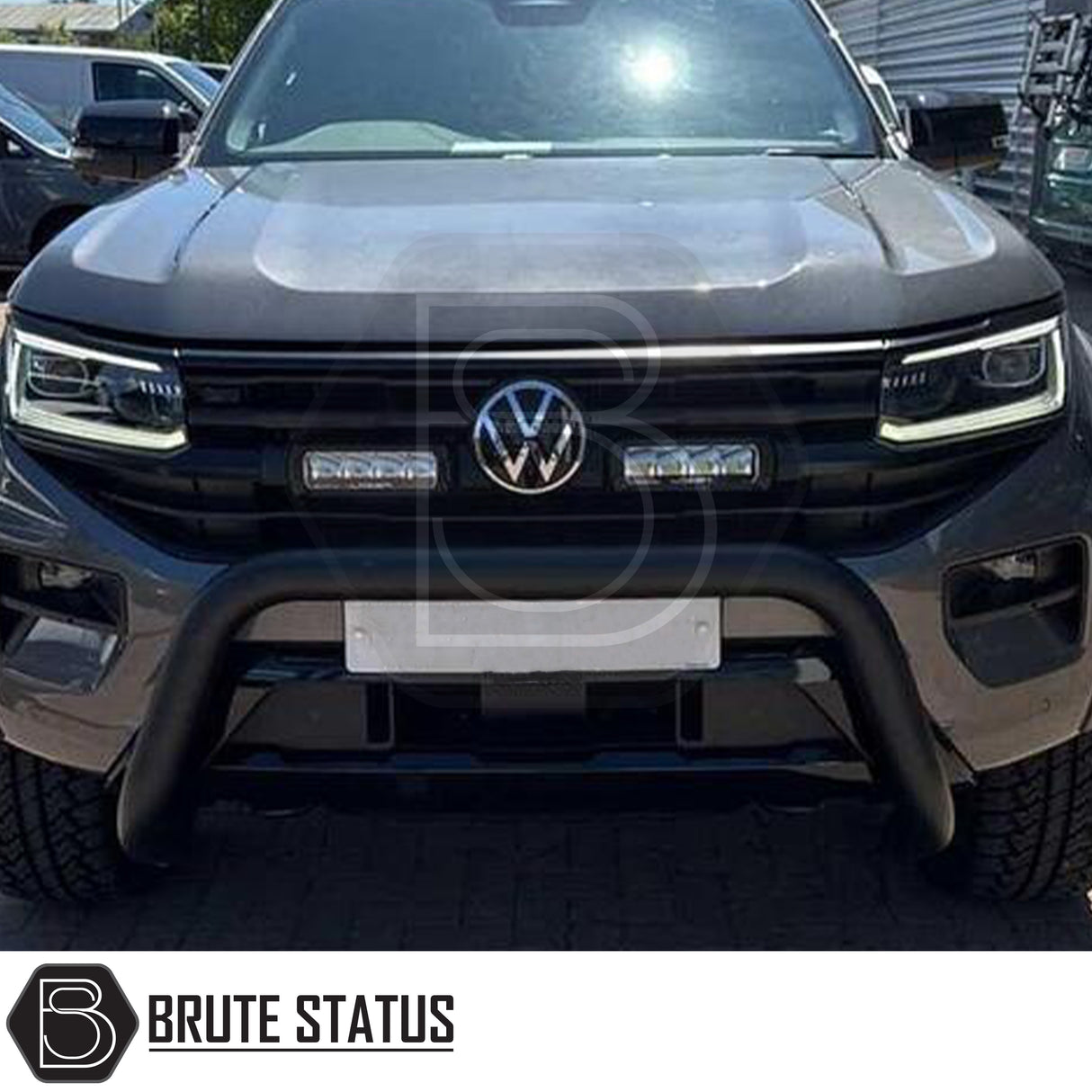 Volkswagen Amarok 2023+ Bull Bar (Nudge Bar) Matt Black installed on truck, showcasing its sleek design and protective function, ideal for enhancing your vehicle's look.