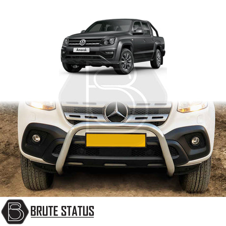 chrome bull/nudge bar for the volkswagen amarok 2017-2022 pickup truck, showcasing its rugged design and protective build