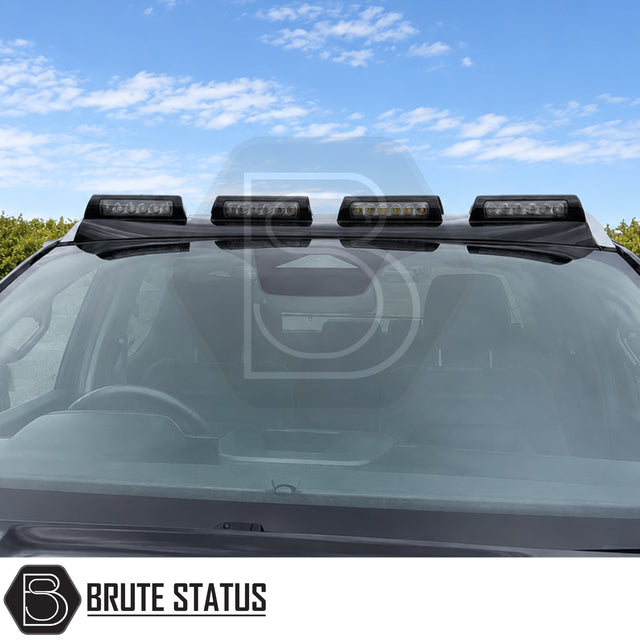 Front top of cab fitted LED roof spoiler mounted to Volkswagen Amarok 2023+ pickup truck offroad 4x4 vehicle. Suitable for overlanding set ups. 