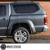 Volkswagen Amarok 2010-2022 Truckman GLS Hardtop Canopy with tinted, lockable sliding windows and remote locking, displayed with alloy wheel and mud flap.