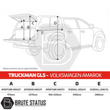 Volkswagen Amarok 2010-2022 Truckman GLS Hardtop Canopy side-view showing dimensions, including 1920mm height and 1580mm length; features remote locking and sliding windows.