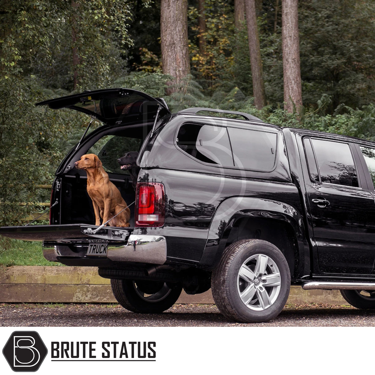 Volkswagen Amarok 2010-2022 Truckman GLS Hardtop Canopy with open rear, two dogs in truck bed, showcasing secure, ventilated canopy for pet-friendly travel.