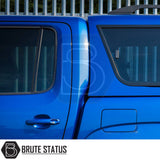 Volkswagen Amarok 2010-2022 Truckman GLS Hardtop Canopy with heated rear window and remote locking, featuring a Brute Status logo on a bright blue truck.