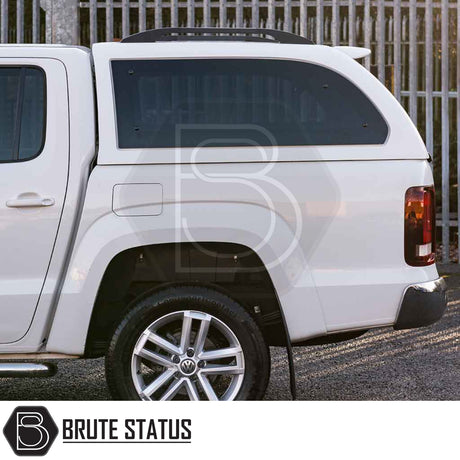 Volkswagen Amarok 2010-2022 Truckman Grand Hardtop Canopy with remote locking, featuring tinted windows, lockable canopy, and Brute Status branding.