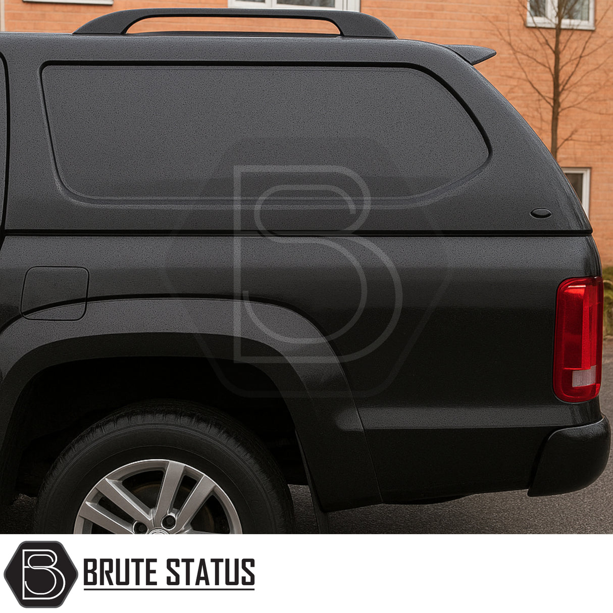 Volkswagen Amarok 2010-2022 Truckman L-Series Hardtop Canopy on pickup, featuring Brute Status logo; solid-sided, cab-high design for enhanced security and storage.