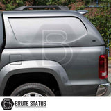 Volkswagen Amarok 2010-2022 Truckman L-Series Hardtop Canopy with flush side window, roof rails, and branded “BRUTE STATUS.” Ideal for secure, stylish truck storage.