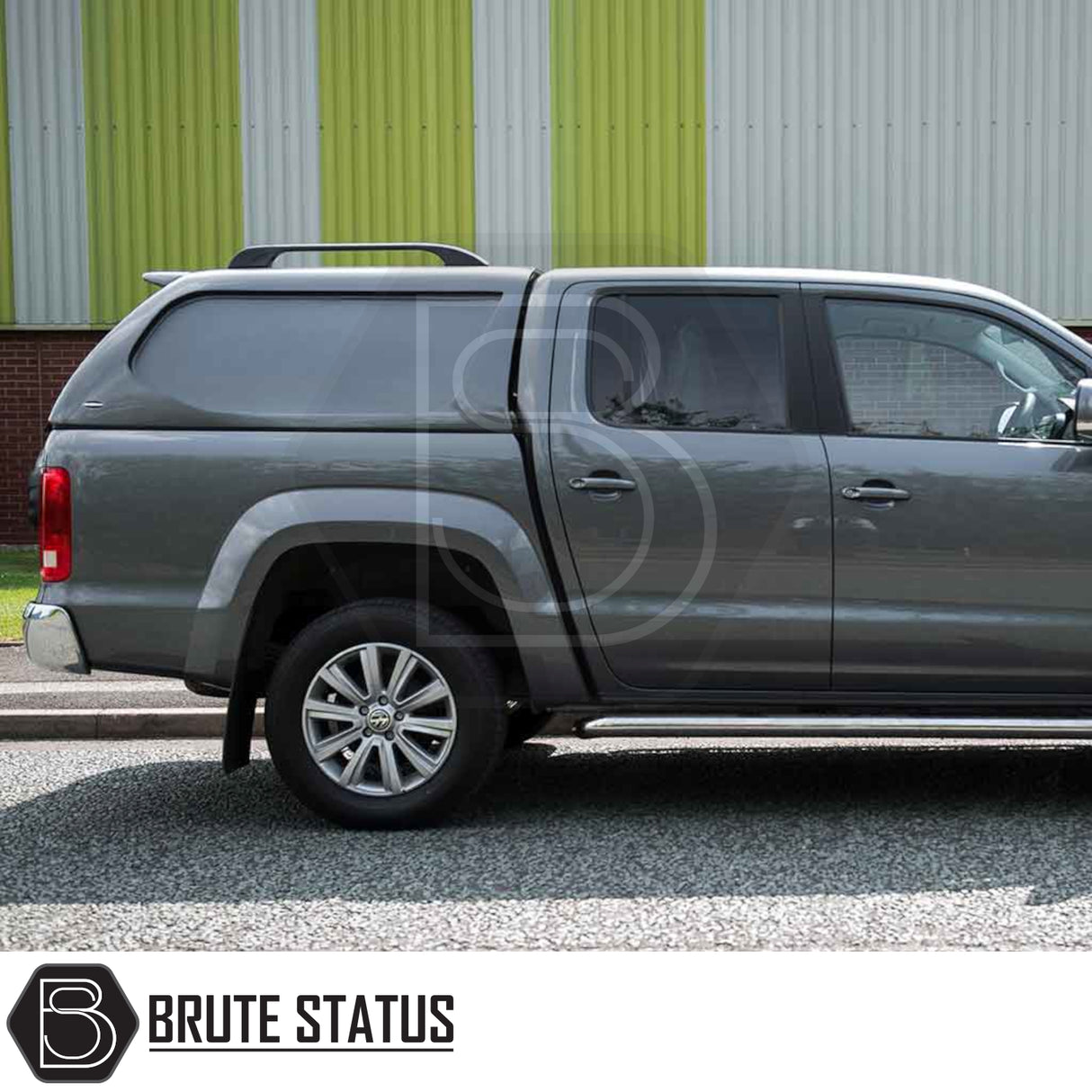 Volkswagen Amarok 2010-2022 Truckman L-Series Hardtop Canopy with solid sides and alloy wheels, showcased by Brute Status for enhanced pick-up security and style.