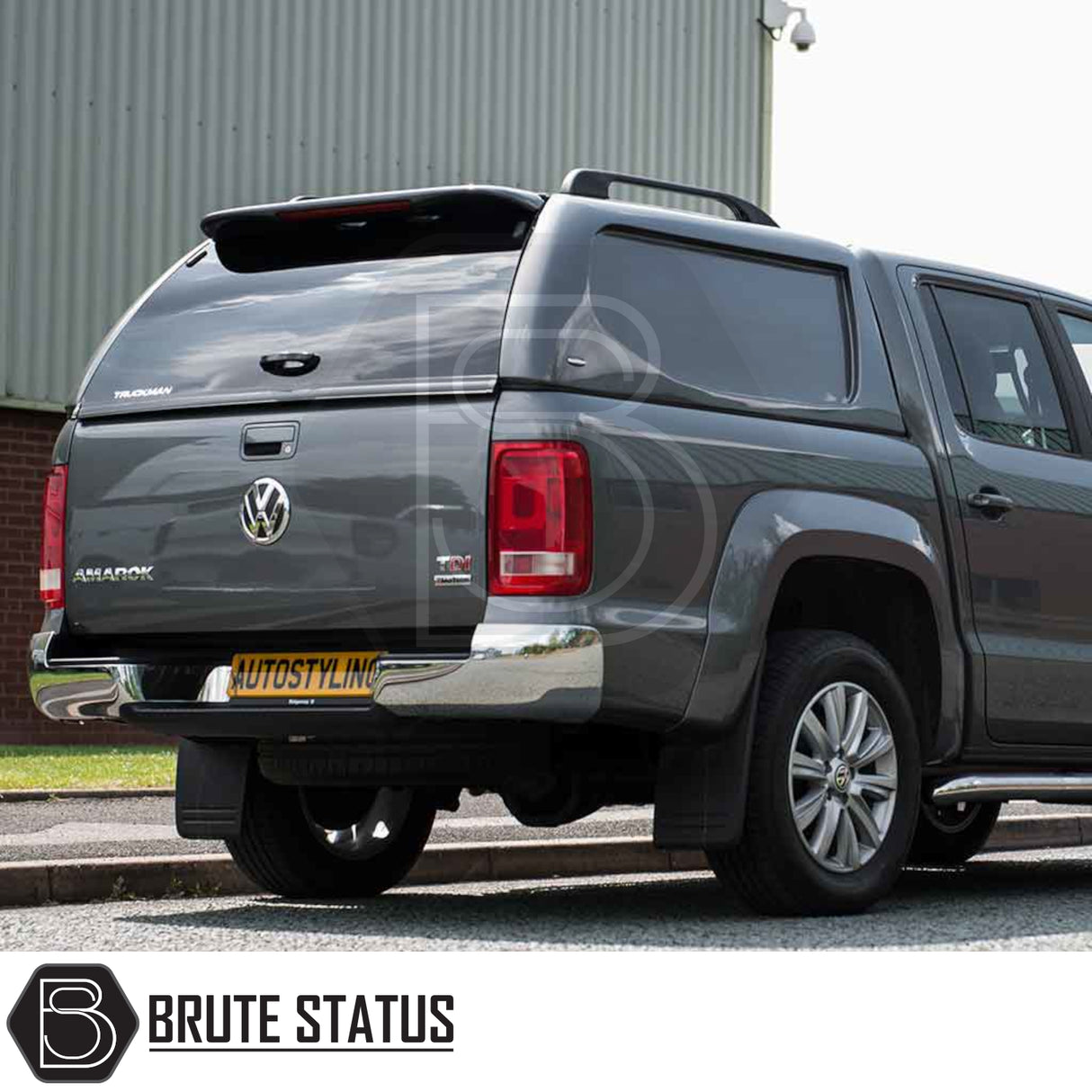 Volkswagen Amarok 2010-2022 Truckman L-Series Hardtop Canopy with tinted windows, roof rails, and Trailman logo, enhancing storage and security for tradespeople and pickup owners.