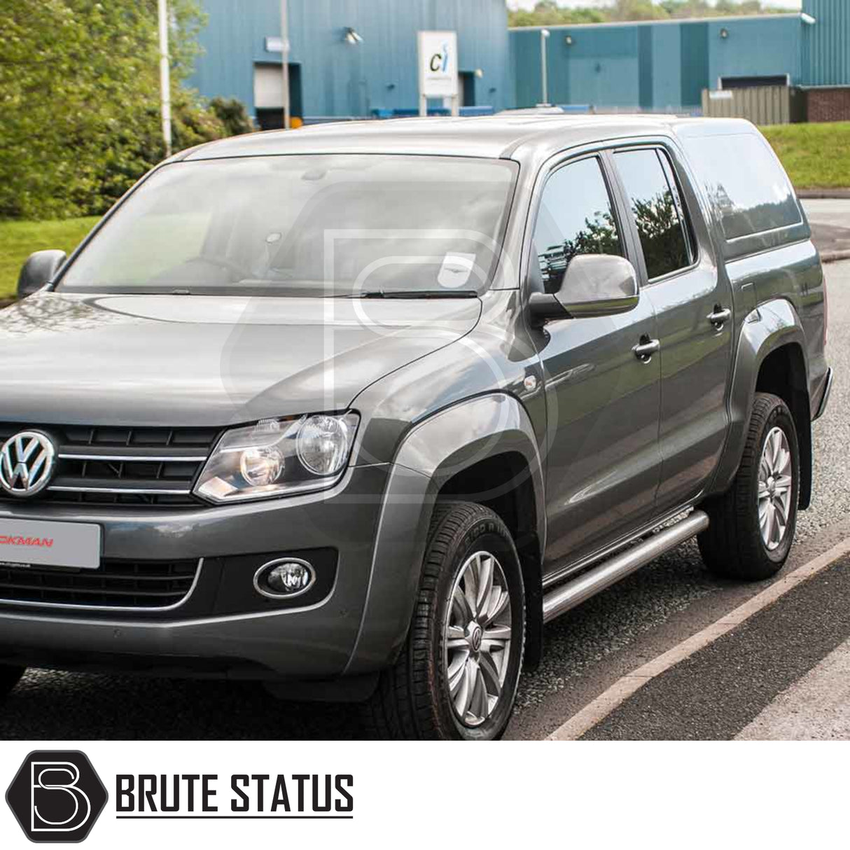 Volkswagen Amarok 2010-2022 Truckman RS Hardtop Canopy with solid rear window and remote locking, showcased with stainless side-steps and alloy wheels, by Brute Status.