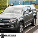 Volkswagen Amarok 2010-2022 Truckman RS Hardtop Canopy with solid rear window and remote locking, showcased with stainless side-steps and alloy wheels, by Brute Status.