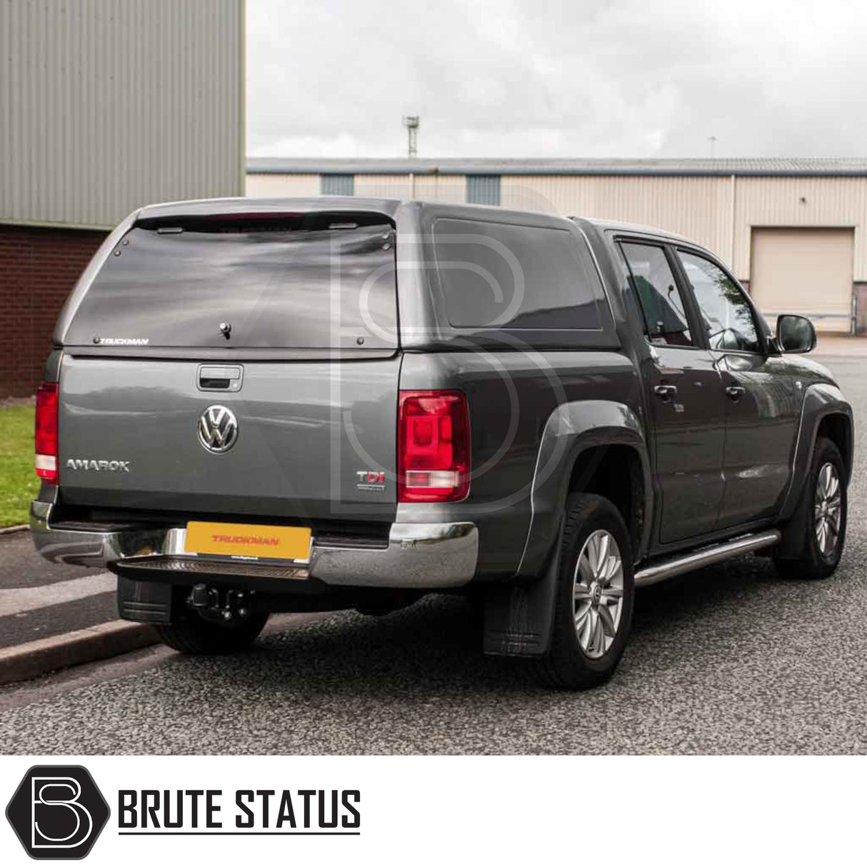 Volkswagen Amarok 2010-2022 Truckman RS Hardtop Canopy with solid rear window and remote locking, fitted on a grey Amarok pickup, showcasing enhanced security and design.
